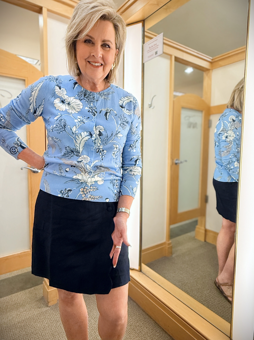 Talbots try on in June, blue sweater and navy scalloped skirt